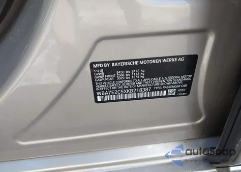 2019 BMW 740I z USA, uszkodzony, nr VIN WBA7E2C5XKB218387